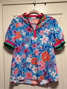 Almost Pink Floral Top with Pink & Orange Blooms